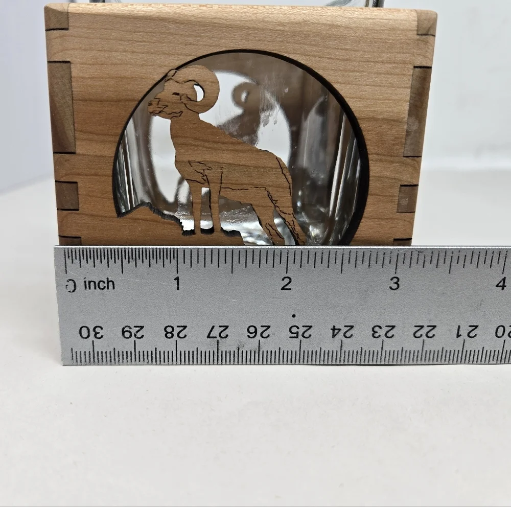 Wood You Tell Me Inc Cherry Wood Ram On Hill Cut Out Glass Insert Candle Holder